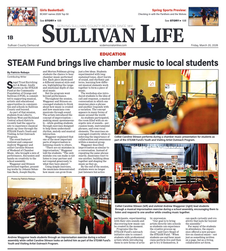 We're back in the woodshed! WCM gave two performances and improvisation workshops in Sullivan County schools this school year. Andy Waggoner played a solo recital and worked with students in Fallsburg in October, and then he and Carrie performed and did a day of workshops with over 200 students in Liberty. The real stars at both schools were the students: fun, eager, and imaginative, they threw themselves into making music up on the spot, in the process learning to listen, accept each other's ideas, and adapt, essential skills in any human relationship, musical or otherwise. Huge thanks go to Gary and Judy Siegel and the STEAM Fund, and to the faculty and staff at both schools for making all of this possible.